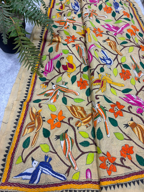 Pastel Hand Embroidered Kantha Pure Bangalore Silk Flower And Bird Design Dupatta
