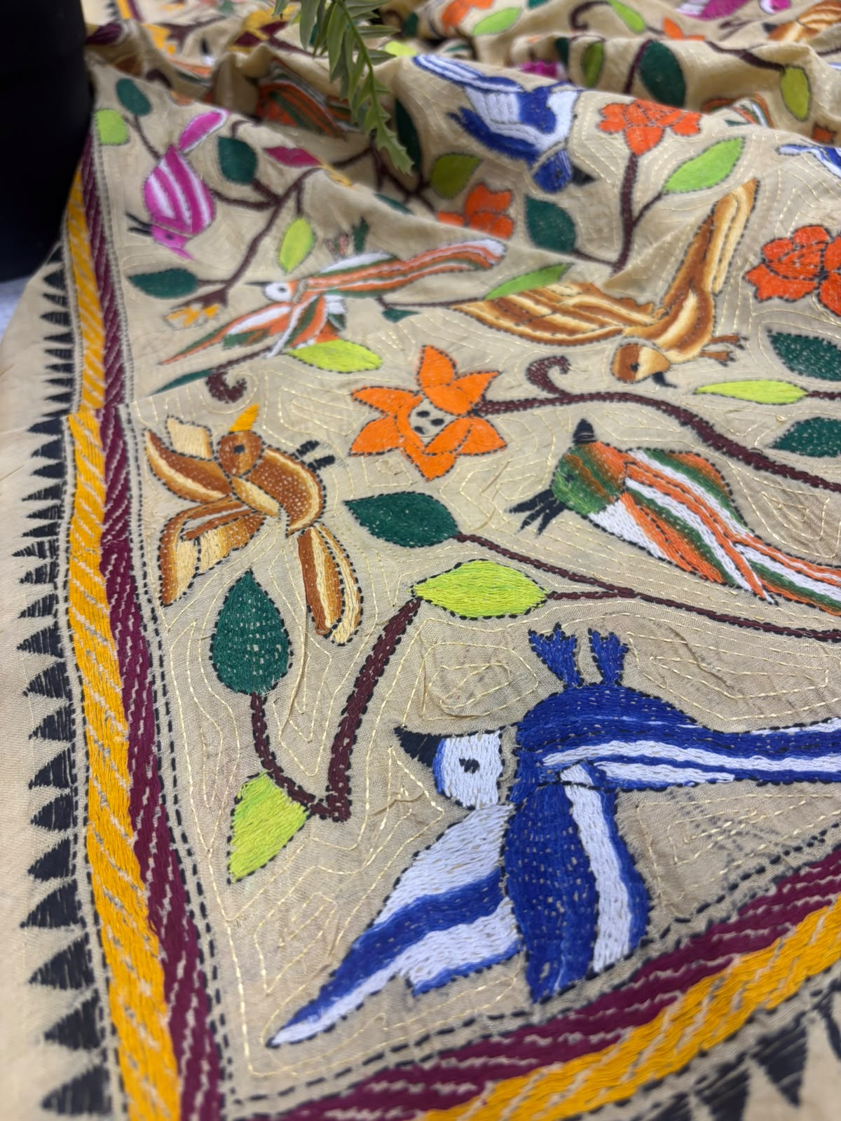 Pastel Hand Embroidered Kantha Pure Bangalore Silk Flower And Bird Design Dupatta