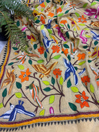Pastel Hand Embroidered Kantha Pure Bangalore Silk Flower And Bird Design Dupatta