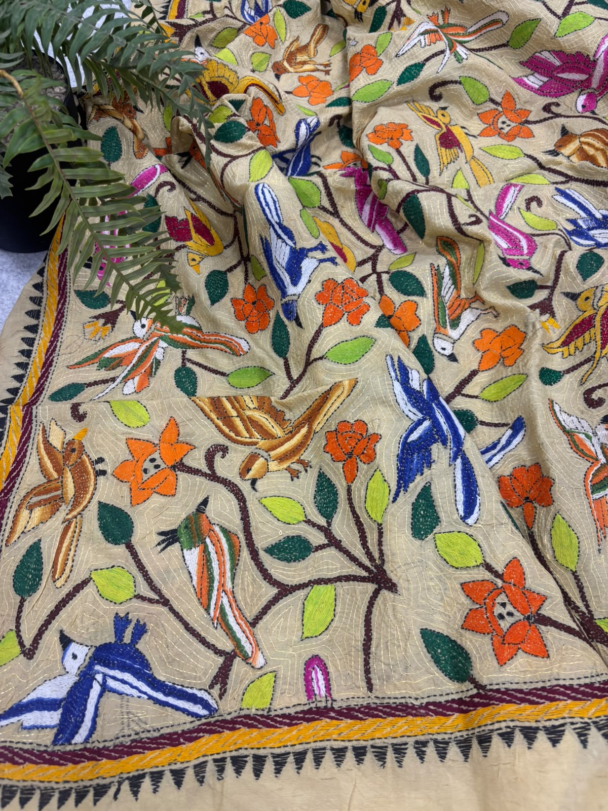 Pastel Hand Embroidered Kantha Pure Bangalore Silk Flower And Bird Design Dupatta