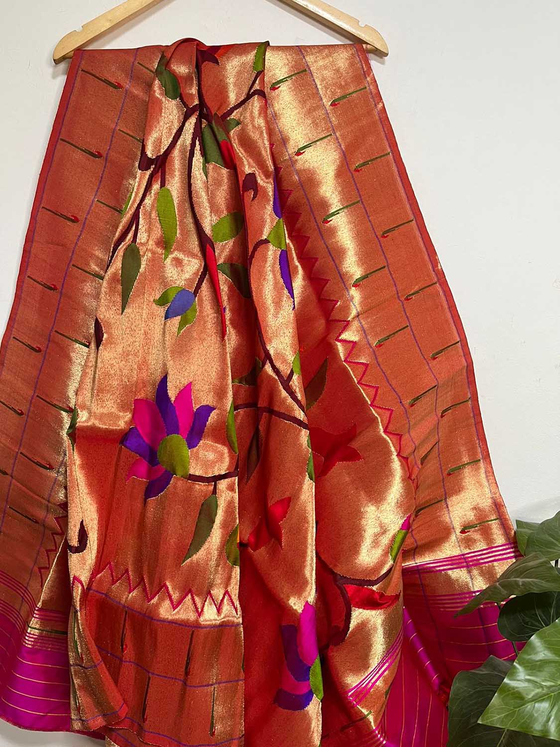 Golden Paithani Handloom Pure Silk Brocade Muniya Border Dupatta - Luxurion World