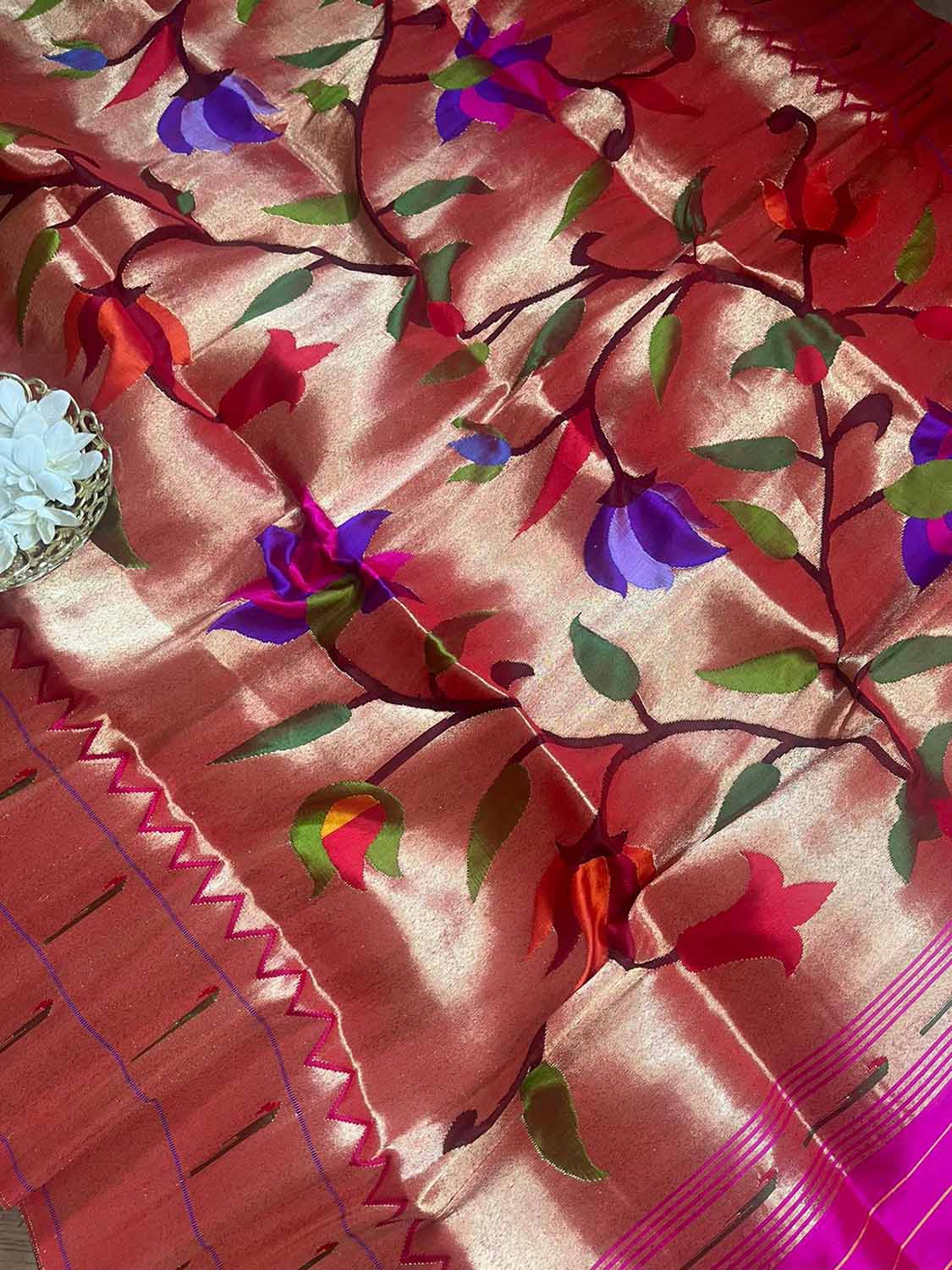 Golden Paithani Handloom Pure Silk Brocade Muniya Border Dupatta - Luxurion World