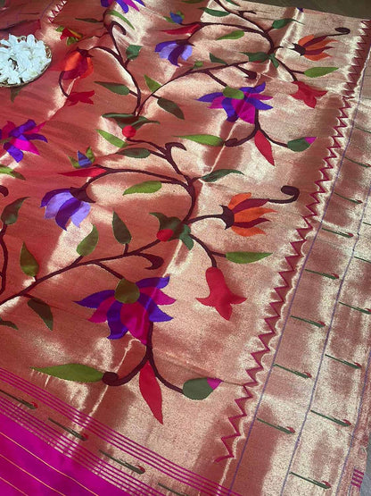 Golden Paithani Handloom Pure Silk Brocade Muniya Border Dupatta - Luxurion World