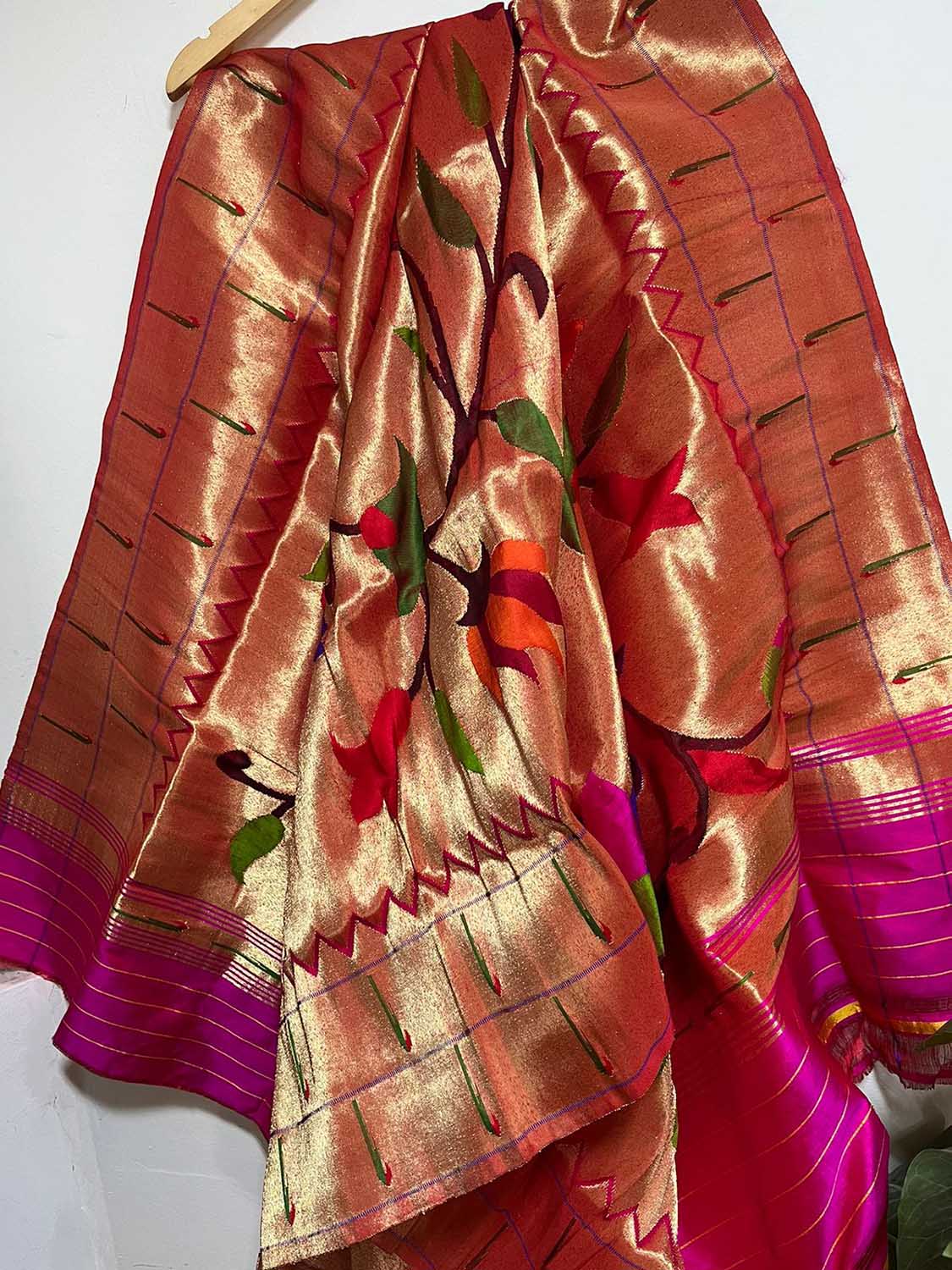 Golden Paithani Handloom Pure Silk Brocade Muniya Border Dupatta - Luxurion World