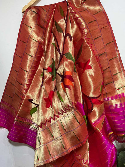 Golden Paithani Handloom Pure Silk Brocade Muniya Border Dupatta - Luxurion World