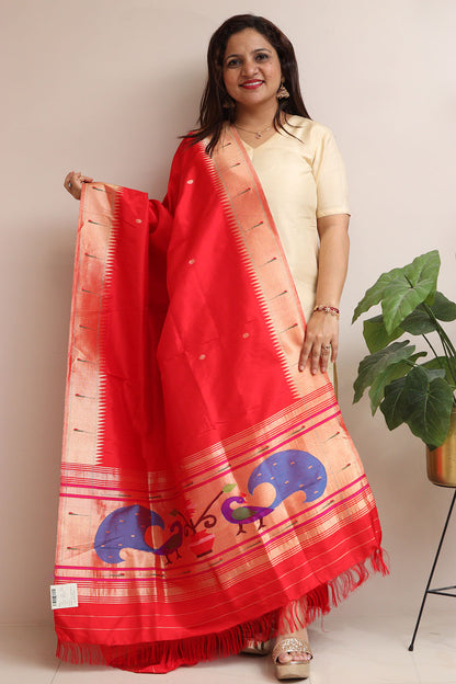 Red Paithani Handloom Pure Silk Muniya Border Dupatta - Luxurion World
