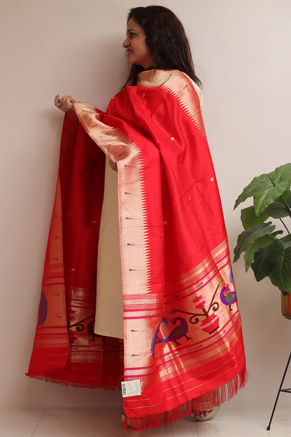 Red Paithani Handloom Pure Silk Muniya Border Dupatta - Luxurion World