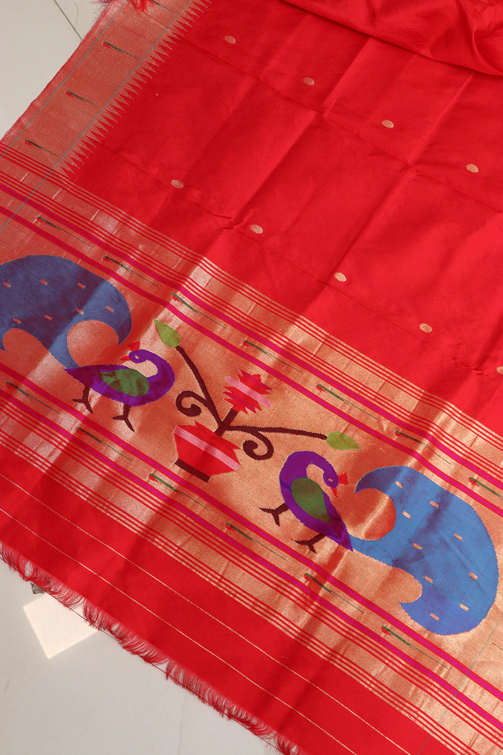 Red Paithani Handloom Pure Silk Muniya Border Dupatta - Luxurion World