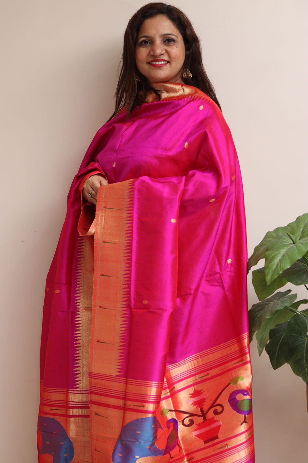 Pink Paithani Handloom Pure Silk Muniya Border Dupatta - Luxurion World