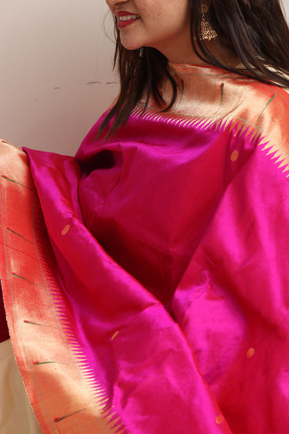 Pink Paithani Handloom Pure Silk Muniya Border Dupatta - Luxurion World
