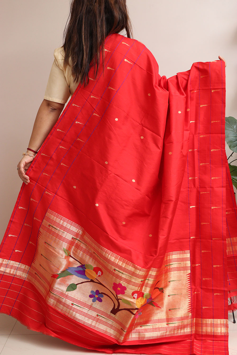 Red Paithani Handloom Pure Silk Triple Muniya Border Dupatta - Luxurion World