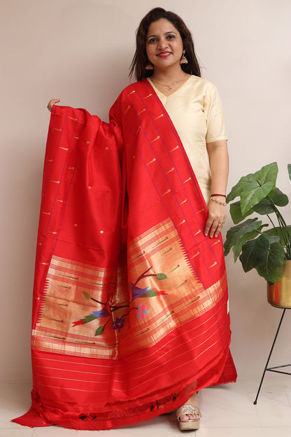 Red Paithani Handloom Pure Silk Triple Muniya Border Dupatta - Luxurion World