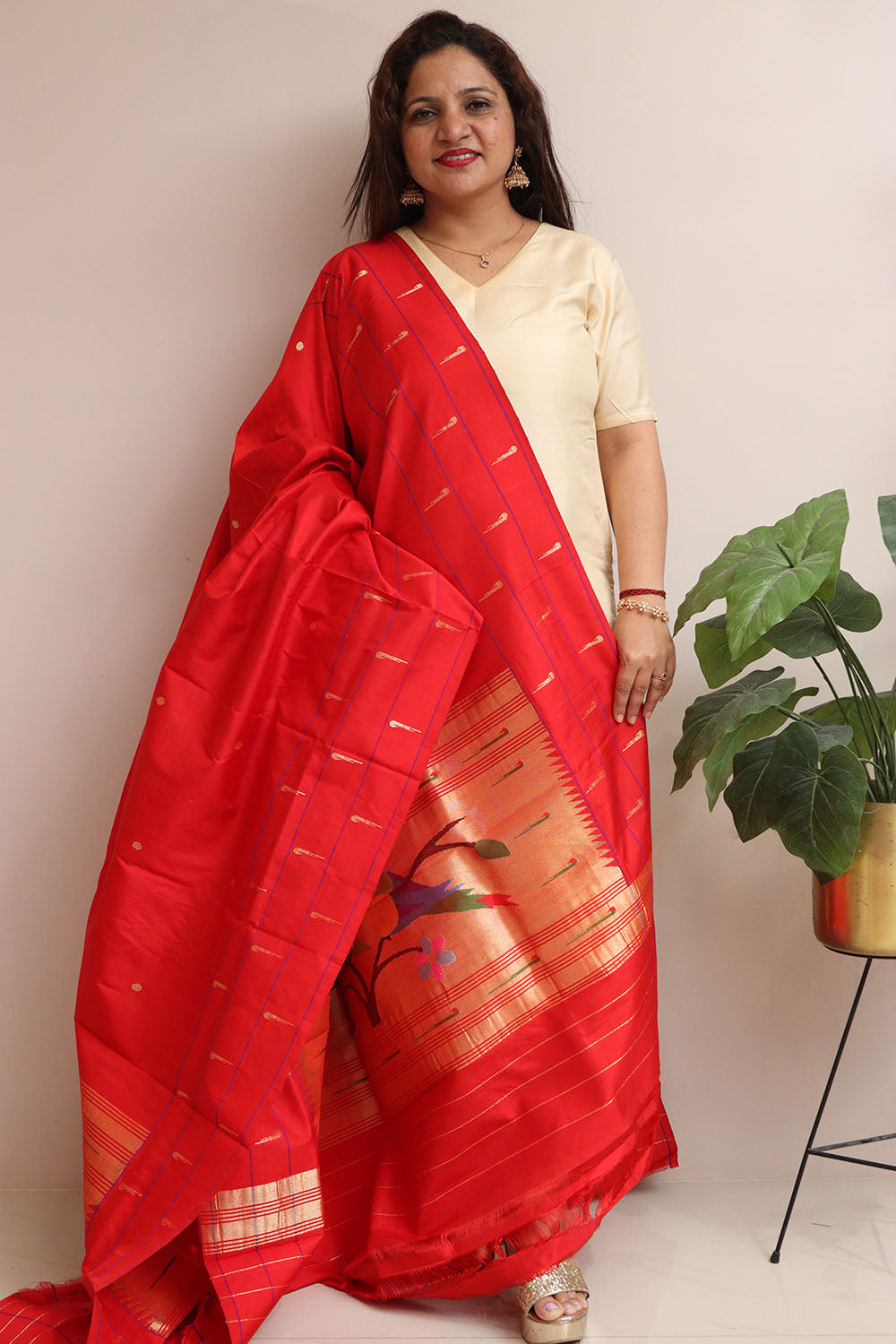 Red Paithani Handloom Pure Silk Triple Muniya Border Dupatta - Luxurion World