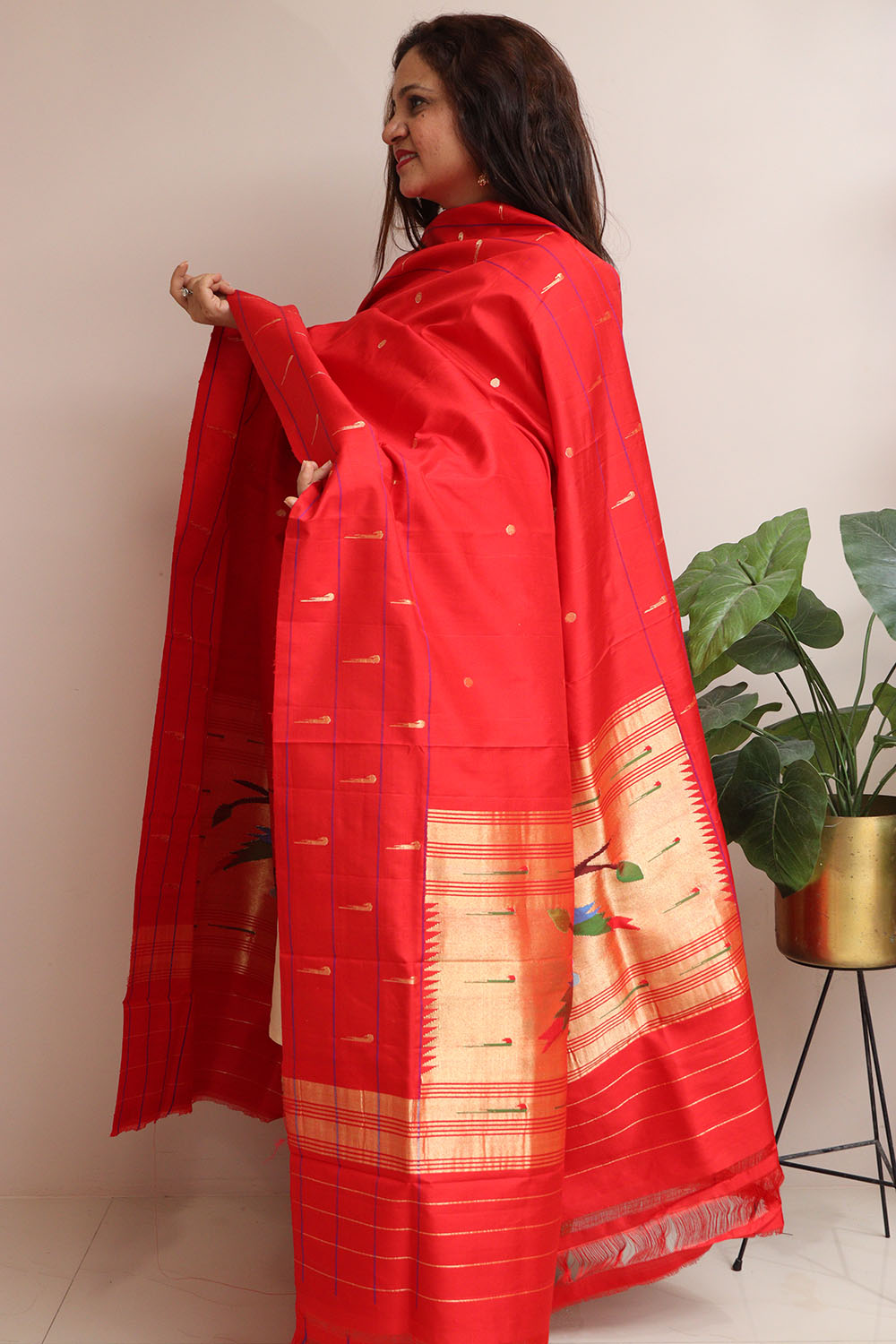 Red Paithani Handloom Pure Silk Triple Muniya Border Dupatta - Luxurion World