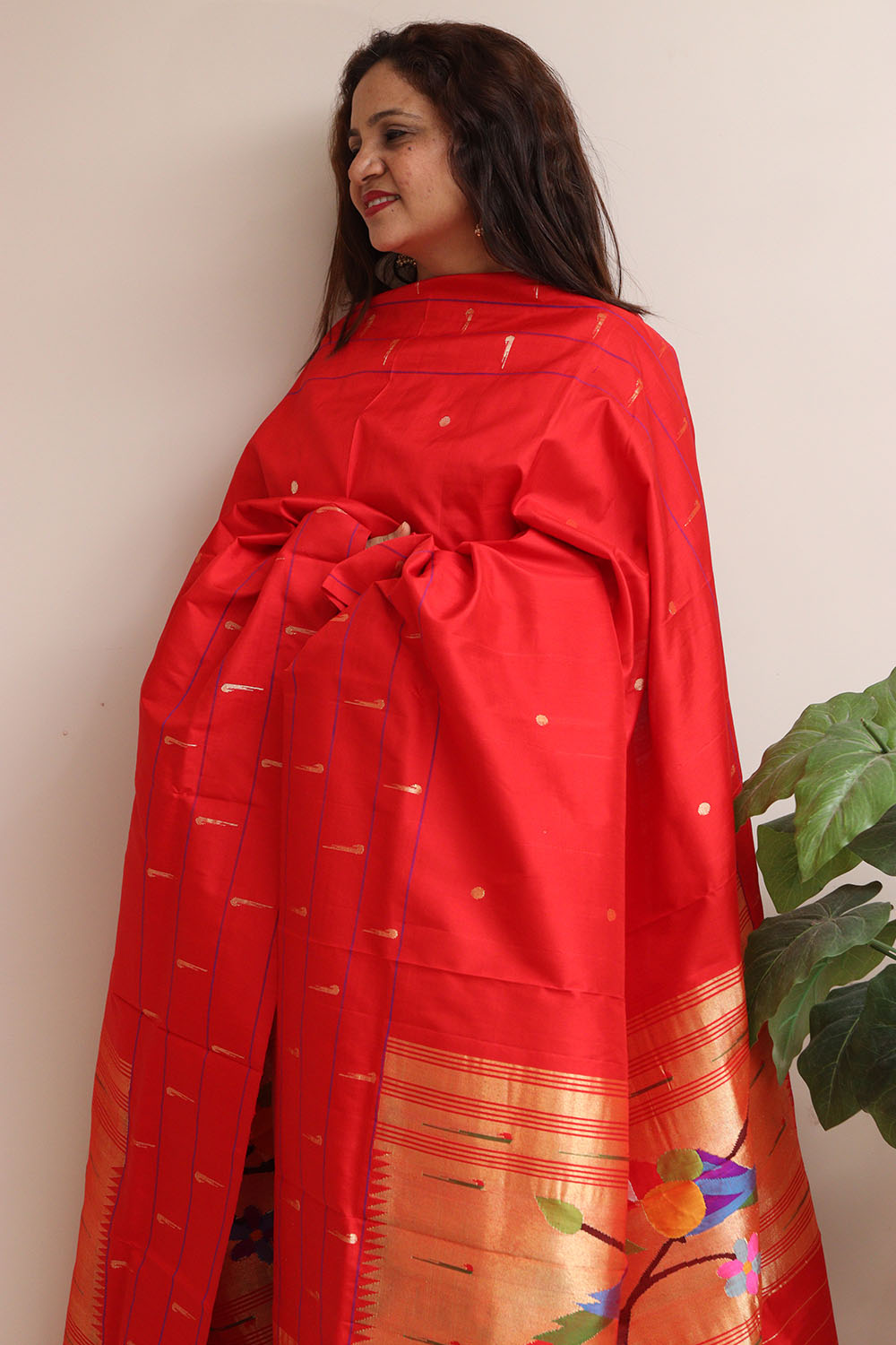 Red Paithani Handloom Pure Silk Triple Muniya Border Dupatta - Luxurion World