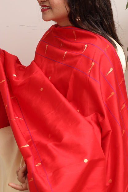 Red Paithani Handloom Pure Silk Triple Muniya Border Dupatta - Luxurion World