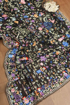 Elegant  Black Parsi Hand Embroidered Pure Georgette Dupatta - Luxurion World