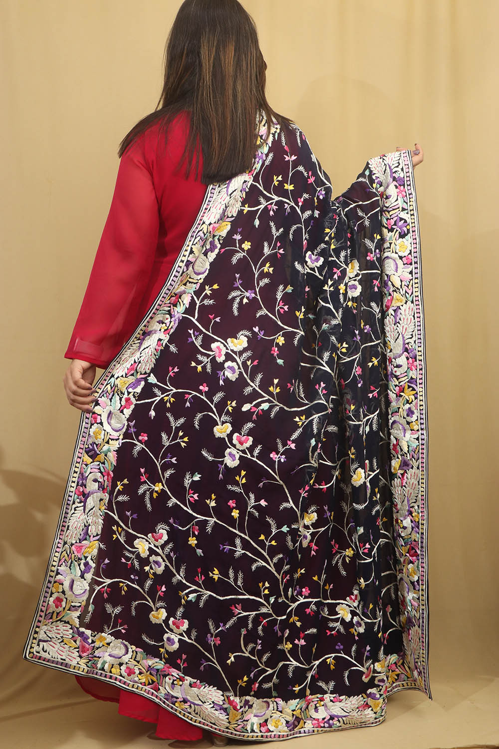 Elegant Blue Parsi Hand Embroidered Pure Georgette Dupatta - Luxurion World