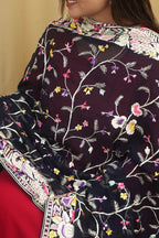 Elegant Blue Parsi Hand Embroidered Pure Georgette Dupatta - Luxurion World