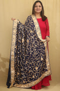 Elegant Blue Parsi Hand Embroidered Pure Georgette Dupatta - Luxurion World