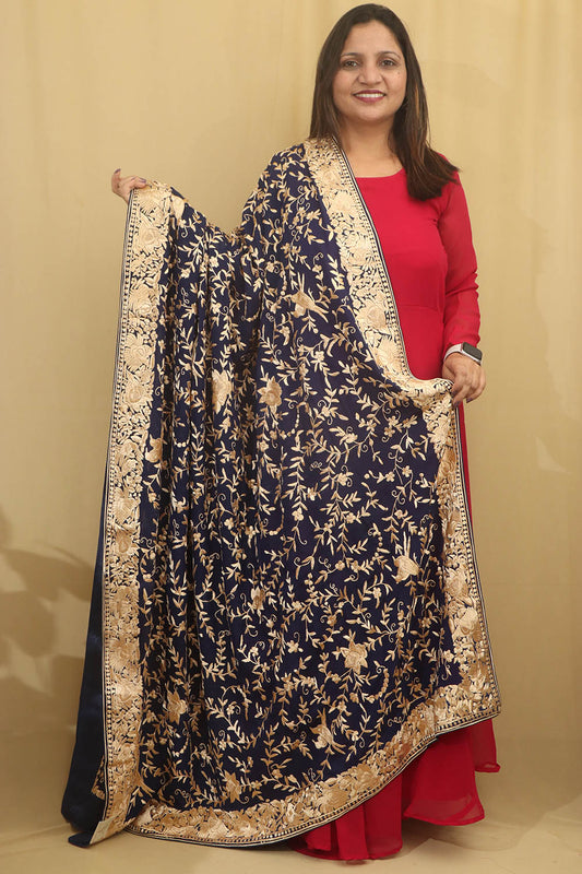 Elegant Blue Parsi Hand Embroidered Pure Georgette Dupatta - Luxurion World