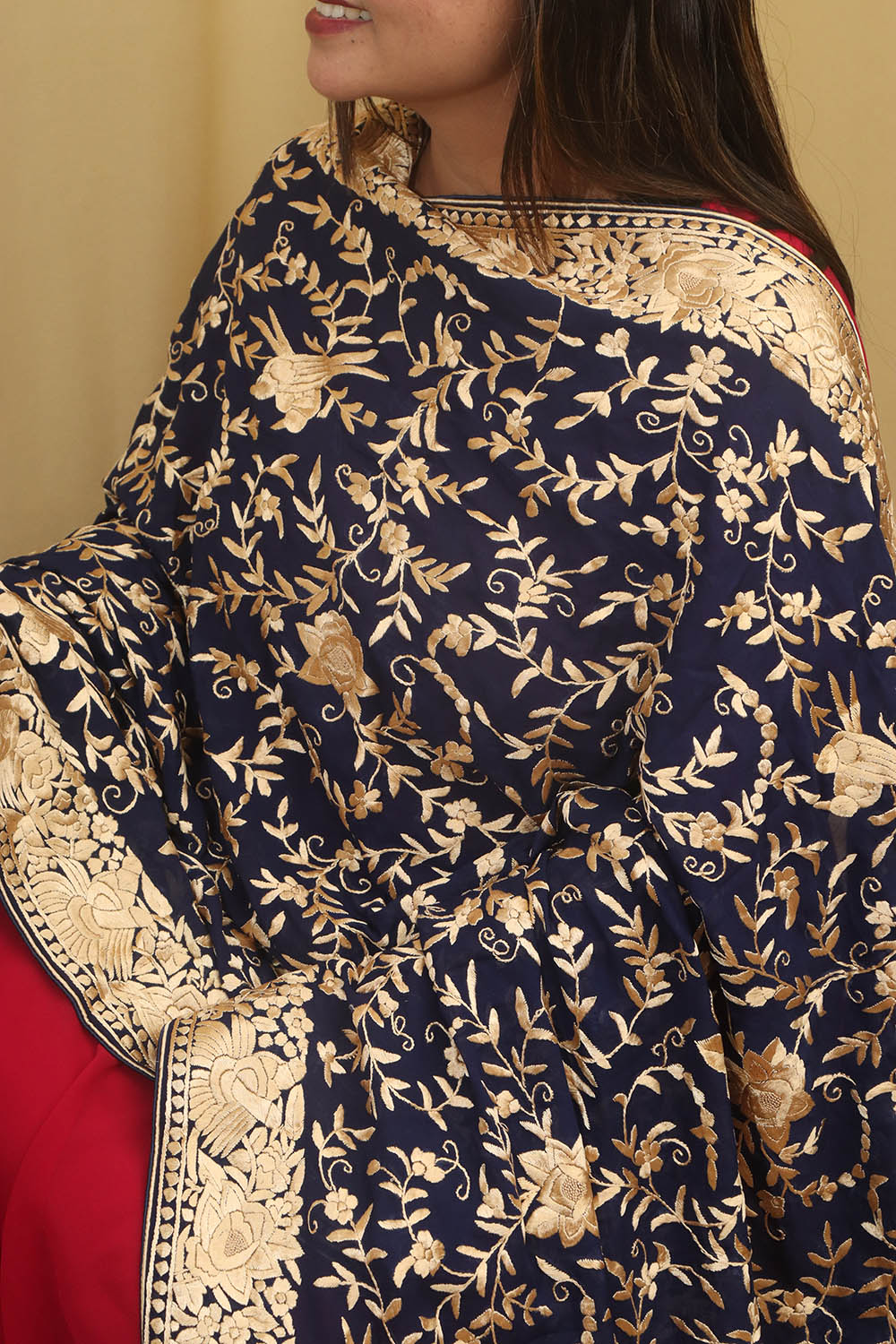 Elegant Blue Parsi Hand Embroidered Pure Georgette Dupatta - Luxurion World