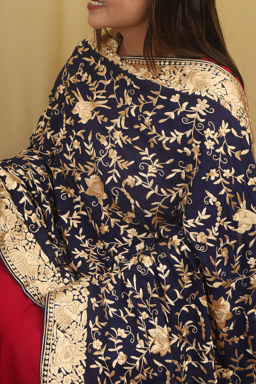 Elegant Blue Parsi Hand Embroidered Pure Georgette Dupatta - Luxurion World