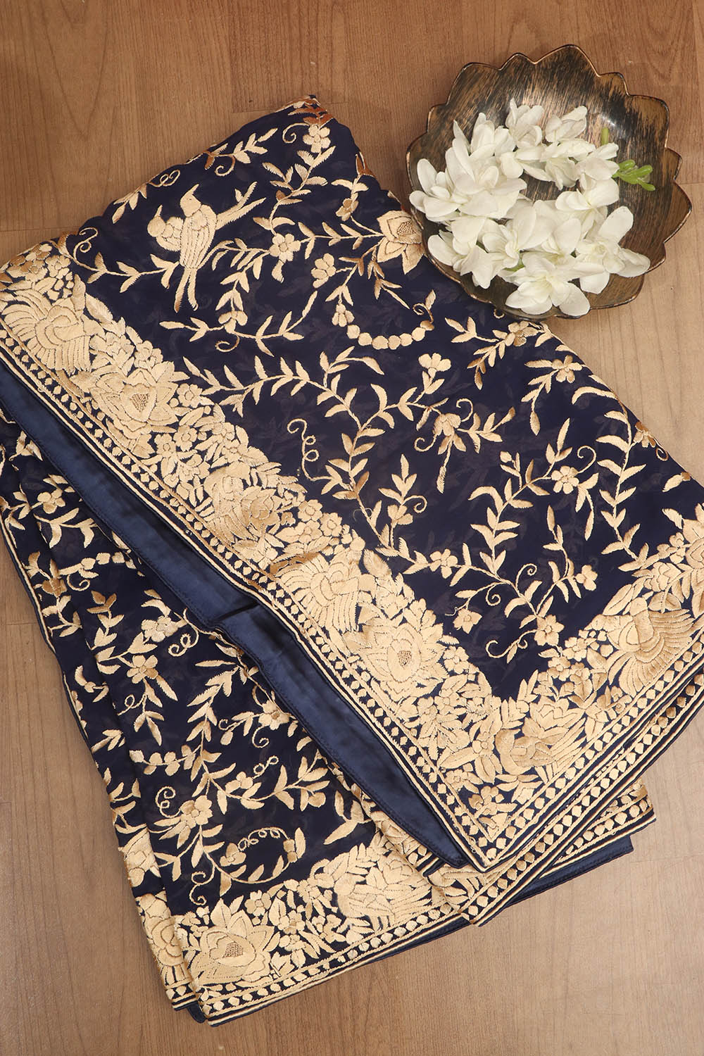 Elegant Blue Parsi Hand Embroidered Pure Georgette Dupatta - Luxurion World