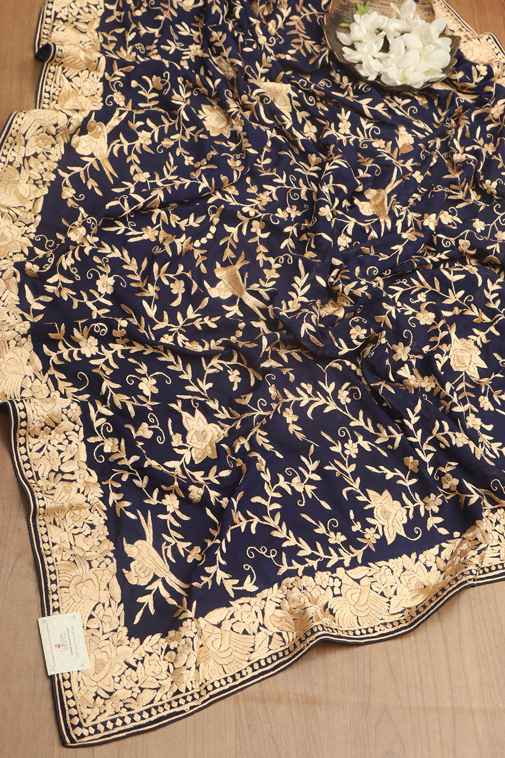 Elegant Blue Parsi Hand Embroidered Pure Georgette Dupatta - Luxurion World