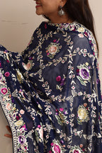 Blue Hand Embroidered Parsi Georgette Flower Design Dupatta - Luxurion World