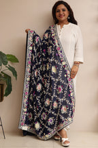 Blue Hand Embroidered Parsi Georgette Flower Design Dupatta - Luxurion World