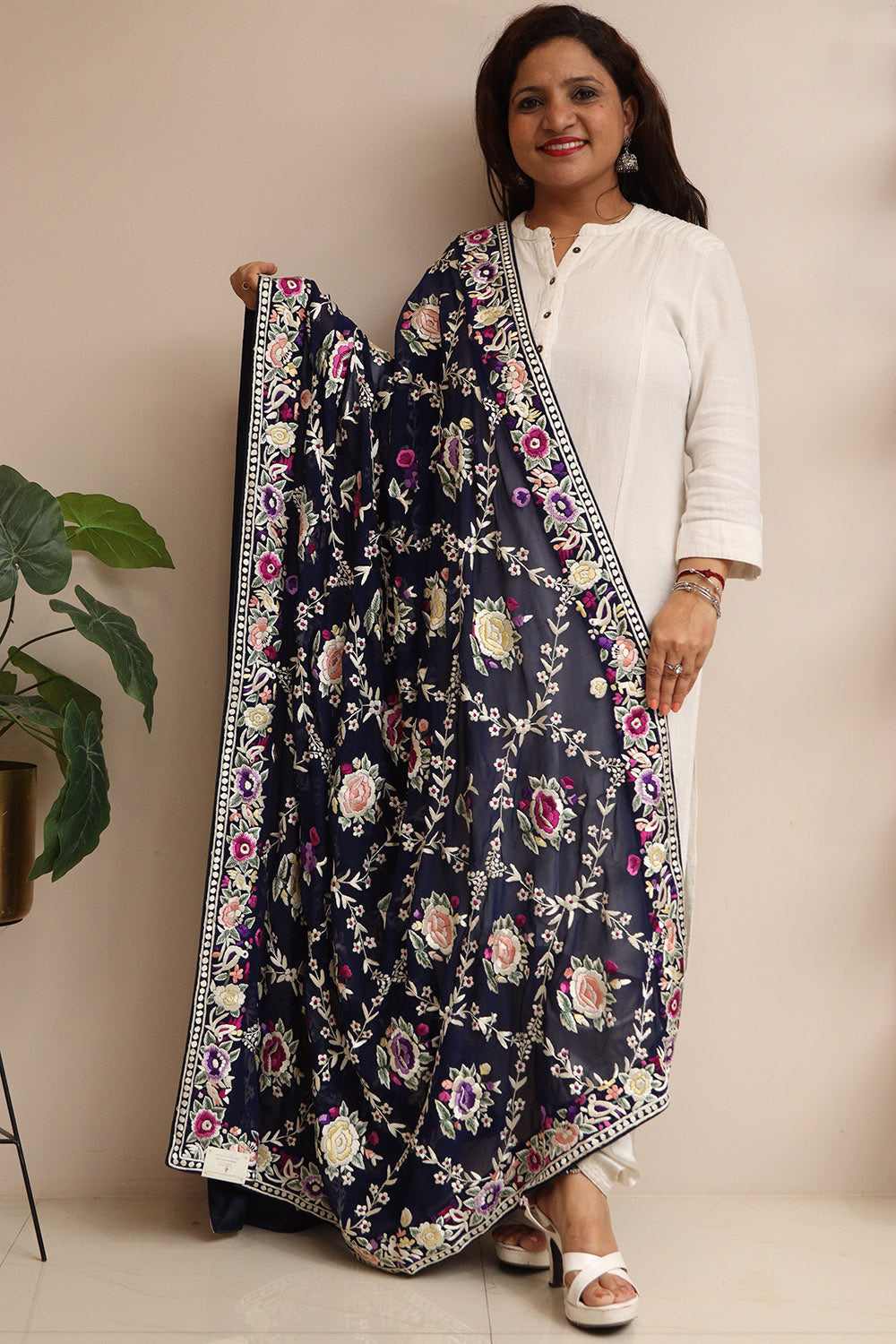 Blue Hand Embroidered Parsi Georgette Flower Design Dupatta - Luxurion World