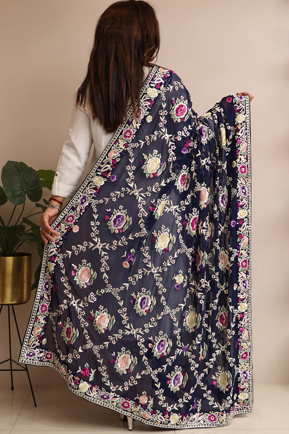 Blue Hand Embroidered Parsi Georgette Flower Design Dupatta - Luxurion World