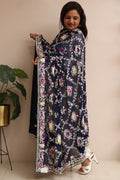 Blue Hand Embroidered Parsi Georgette Flower Design Dupatta - Luxurion World
