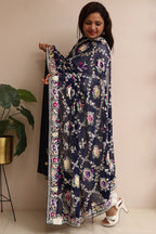 Blue Hand Embroidered Parsi Georgette Flower Design Dupatta - Luxurion World