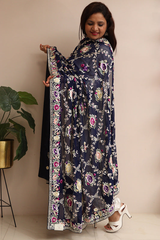 Blue Hand Embroidered Parsi Georgette Flower Design Dupatta - Luxurion World