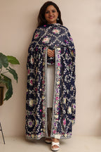 Blue Hand Embroidered Parsi Georgette Flower Design Dupatta - Luxurion World