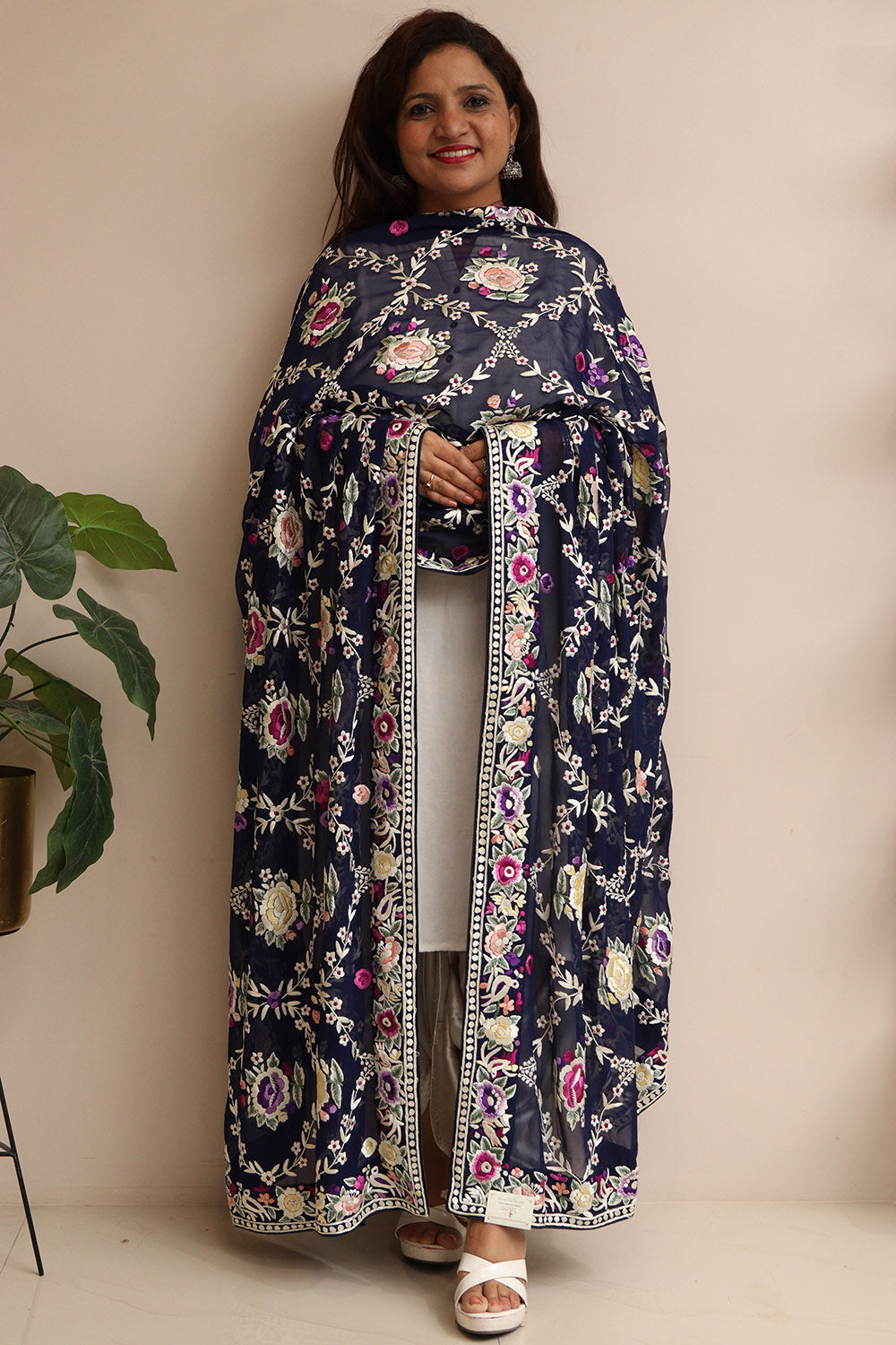 Blue Hand Embroidered Parsi Georgette Flower Design Dupatta - Luxurion World