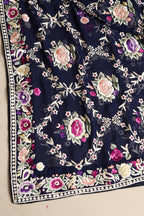 Blue Hand Embroidered Parsi Georgette Flower Design Dupatta - Luxurion World