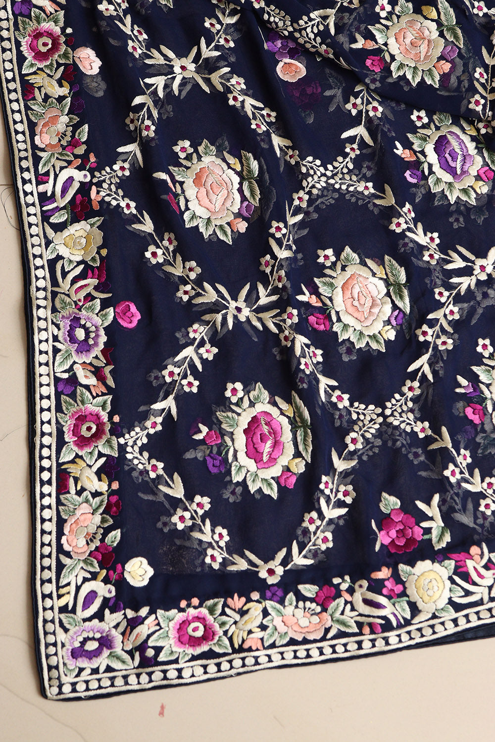 Blue Hand Embroidered Parsi Georgette Flower Design Dupatta - Luxurion World