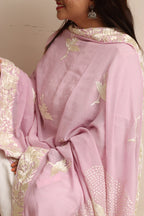 Purple Hand Embroidered Parsi Georgette Flower And Bird Design Dupatta - Luxurion World