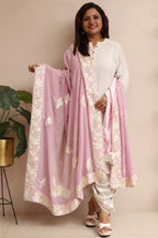Purple Hand Embroidered Parsi Georgette Flower And Bird Design Dupatta - Luxurion World