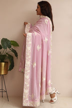 Purple Hand Embroidered Parsi Georgette Flower And Bird Design Dupatta - Luxurion World