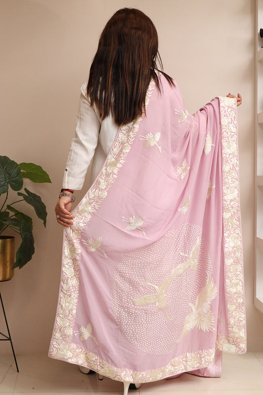 Purple Hand Embroidered Parsi Georgette Flower And Bird Design Dupatta - Luxurion World