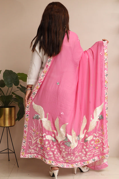 Pink Hand Embroidered Parsi Georgette Flower And Bird Design Dupatta - Luxurion World