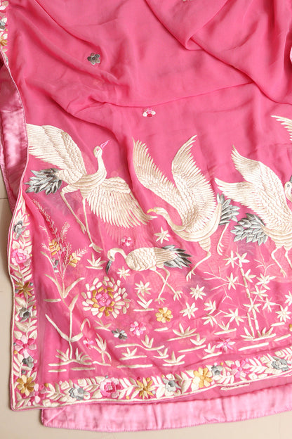 Pink Hand Embroidered Parsi Georgette Flower And Bird Design Dupatta - Luxurion World