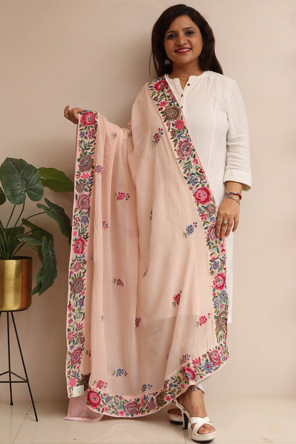 Peach Hand Embroidered Parsi Georgette Flower Design Petit Point Work Dupatta - Luxurion World