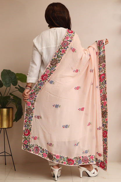 Peach Hand Embroidered Parsi Georgette Flower Design Petit Point Work Dupatta - Luxurion World
