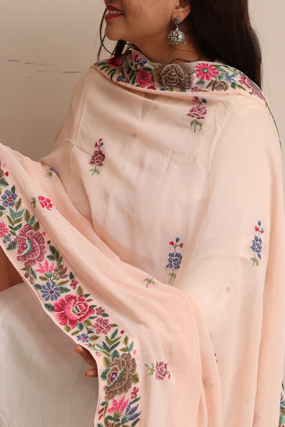 Peach Hand Embroidered Parsi Georgette Flower Design Petit Point Work Dupatta - Luxurion World