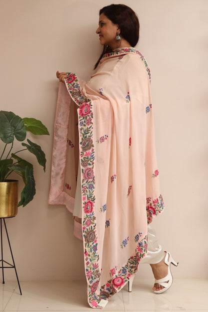 Peach Hand Embroidered Parsi Georgette Flower Design Petit Point Work Dupatta - Luxurion World